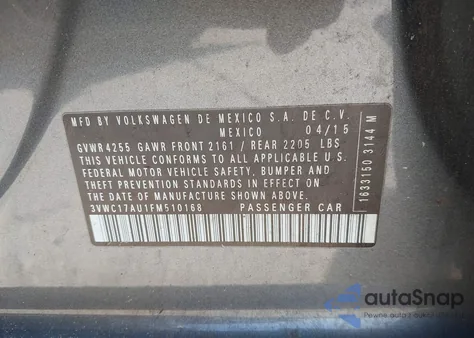 2015 Volkswagen Golf Sportwagen Tsi S 4-Door z USA, uszkodzony, nr VIN 3VWC17AU1FM510168